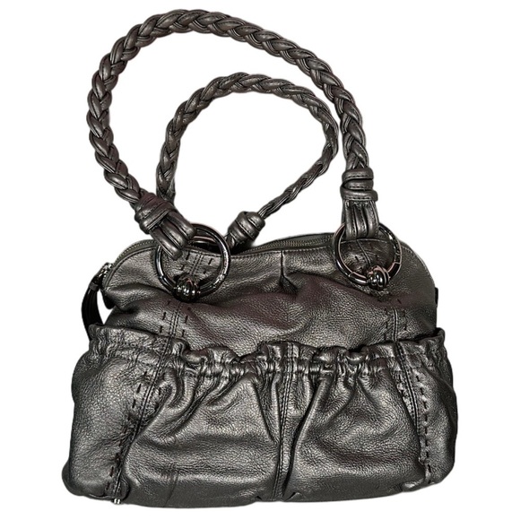 B. MAKOWSKI Pebbled Leather Hobo Bag A211928 Grey Pockets Braided Straps Classic - Picture 3 of 15